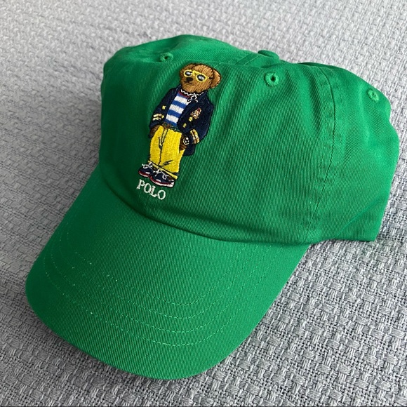 Polo Ralph Lauren Bear Chino Hat - Green - NEW - Baseball Cap Leather Strap - Picture 2 of 6